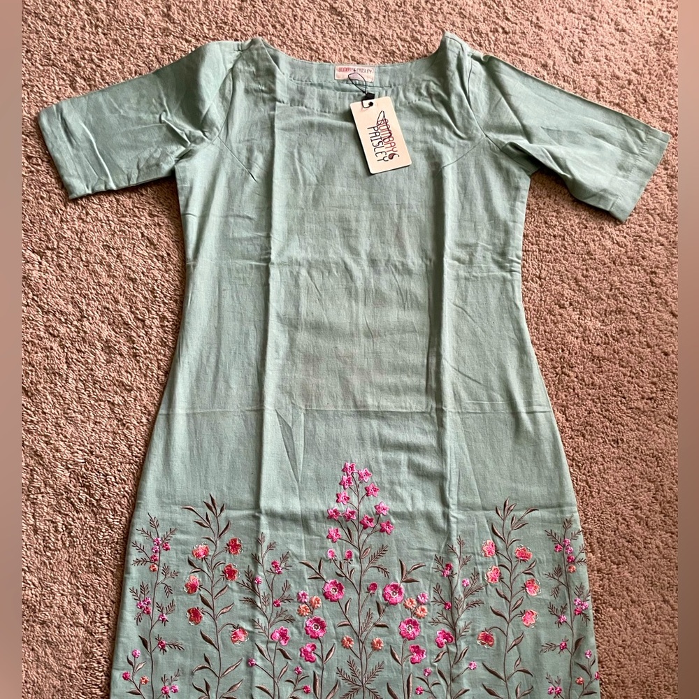 NWT sage green dress with floral embroidery